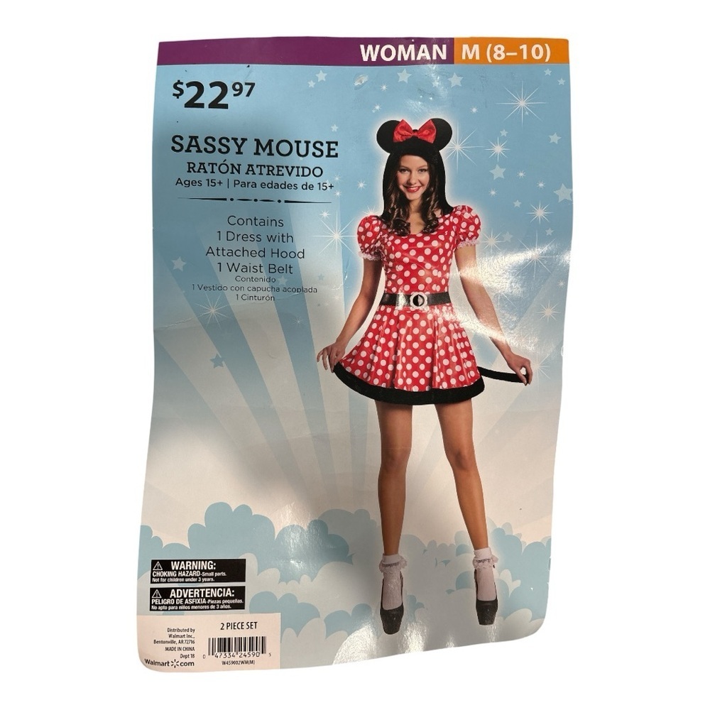 NWT Women's Sassy Mouse Costume Sexy Halloween Dress w/ Ears Hood Belt Med 8-10